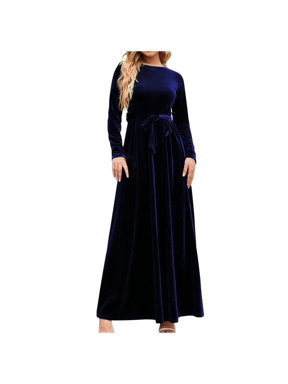 Women's Winter Evening Plus Size Gowns Long Sleeve Crew Neck Color Temperament Vintage Dress Mother Bride Dress