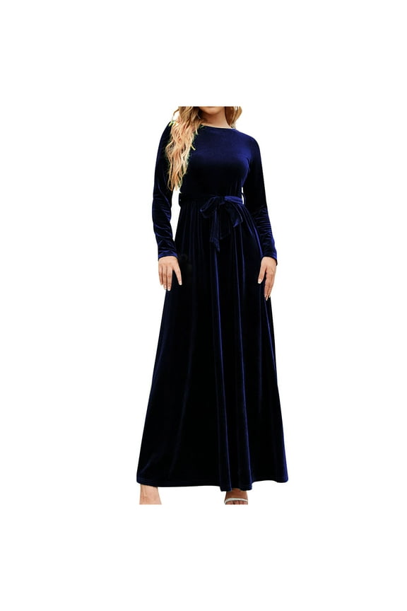 Leesechin Women's Winter Evening Plus Size Gowns Long Sleeve Crew Neck Color Temperament Vintage Dress Mother Bride Dress