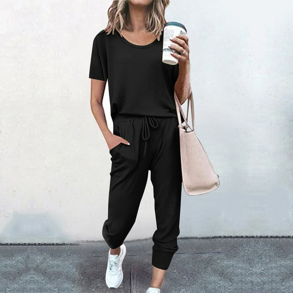 Leesechin Womens 2 Piece Outfits Summer Casual V Neck Short Sleeve Tops Long Pants Tracksuit Lounge Jogger Set with Pockets