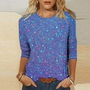 LEESECHIN Womens 3/4 Length Sleeve Sequin Tops 2025, Valentines and Casual Fashion Style Shirts Crew Neck Loose-Fitting Blouses