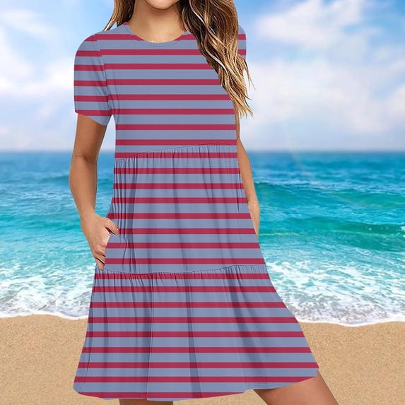 Leesechin Womens Cap Sleeve Dresses Summer Crewneck Tshirt Dress Flowy Casual Mini Dress with Pockets