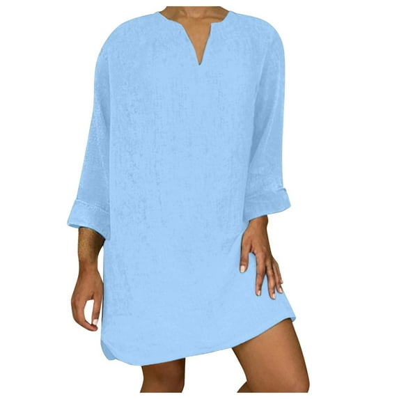 Leesechin Womens Cotton And Linen Long-Sleeved Dress Plus Size V-Neck Mid Calf Dress