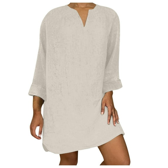 Leesechin Womens Cotton And Linen Long-Sleeved Dress Plus Size V-Neck Mid Calf Dress