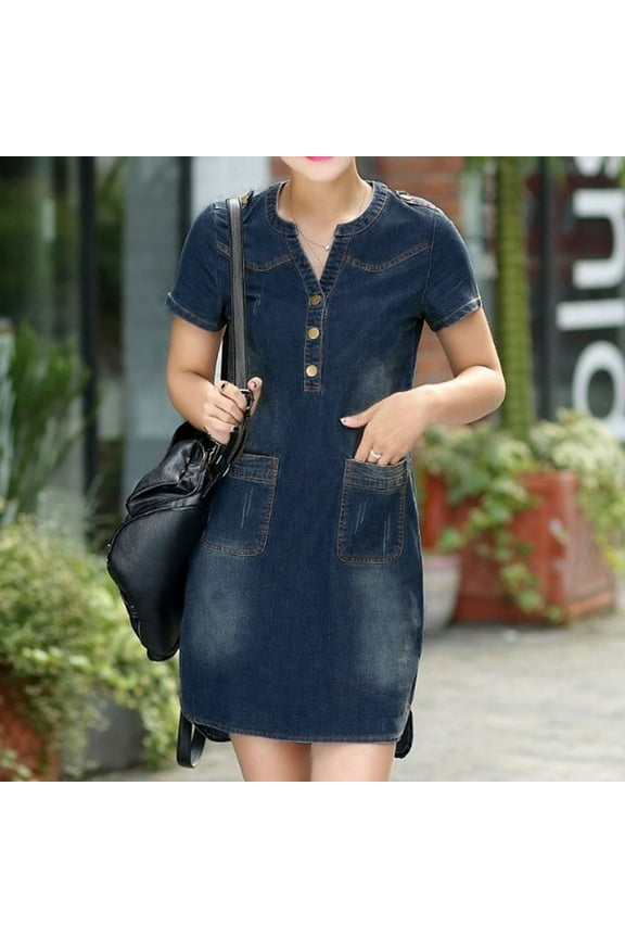 Leesechin Womens Dresses Dress Short Sleeve Slim V-neck Distressed Dress Denim Dress
