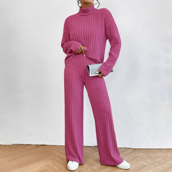 Leesechin Womens Fall Rib-Knit Long Sleeve Pullover Sweater Top Drawstring Long Pants Set Two Piece Outfits Workout Tracksuit