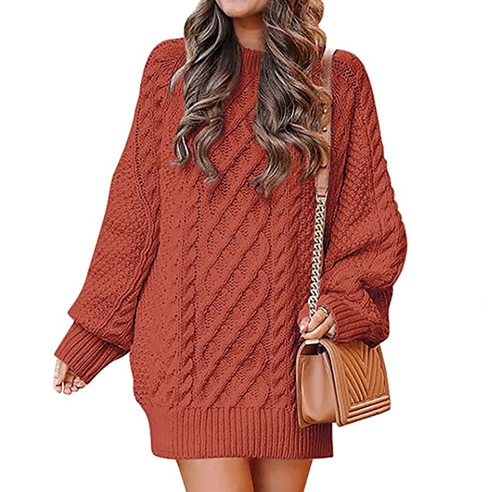Crewneck Long Sleeve Loose Oversized Cable Knit Chunky Pullover Short Sweater Dresses