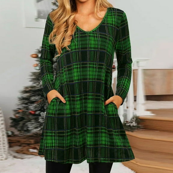 Leesechin Womens Flannel Shirts Long Sleeve Fashion Causal Pocket Lattice V-neck Dress