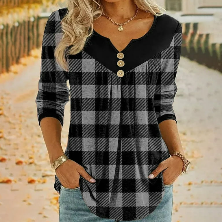 New Plaid Deep V-neck Long Sleeve T-Shirt New Plaid Deep V-neck Long Sleeve T-Shirt