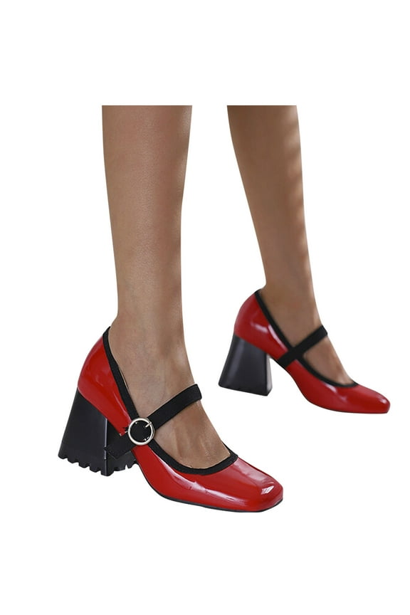 Leesechin Womens High Heels Juniors Rectangle Headed Single Shoes Buckle Candy Color Thick Heels and Light Mouth High Heels