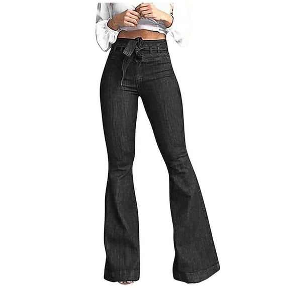 Leesechin Womens Jeans High Waist Pocket Wide Leg Jeans Flared Skinny Button Trousers