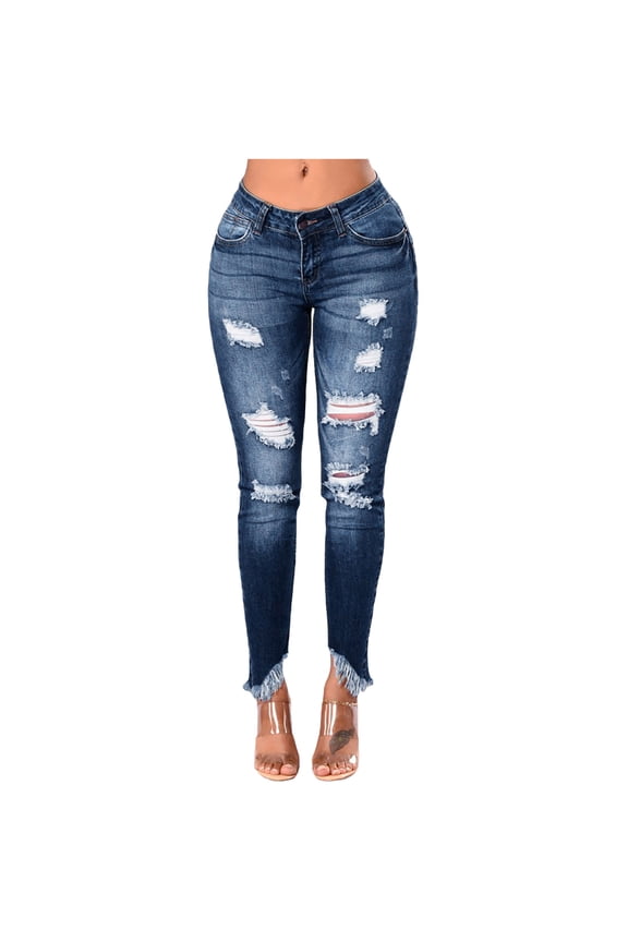 Leesechin Womens Jeans Tight Ripped Jeans Irregular Fringed Blue Jeans with Cuffs