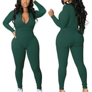 Leesechin Womens Jumpsuits Clearance Ribbed Bodysuit Ribbed Workout Rompers Long Sleeve Exercise Zipper Bodysuit