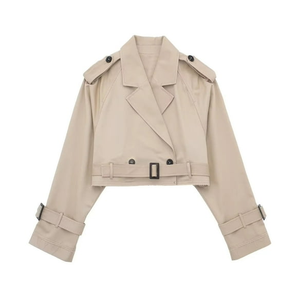 Leesechin Womens New and Trending Short Button Lapel Cut Trench Coat Belt Jacket
