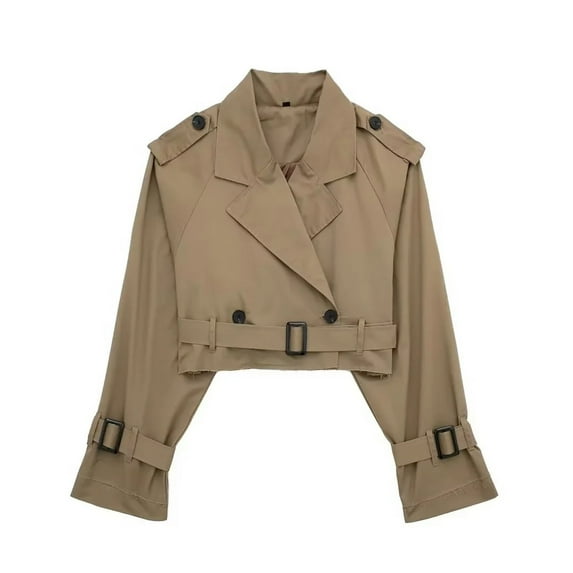 Leesechin Womens New and Trending Short Button Lapel Cut Trench Coat Belt Jacket