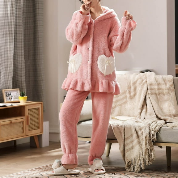 Leesechin Womens Nightgown Coral Fleece Flannel Warm Nightwear Set Long Sleeve Cardigan Pocket Hooded Rabbit Ears Homewear