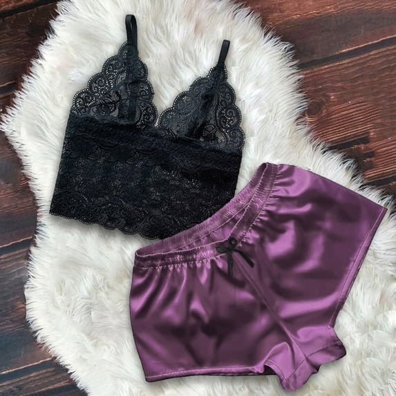 Leesechin Womens Nightgown Lace Satin Bra Camisole Sling Tops Shorts Nightwear Two Piece Set on Clearance