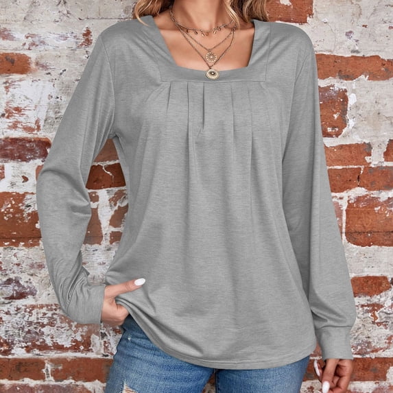 Leesechin Womens Pleated Long Sleeve Shirts Crew Neck Casual Tops Fall Loose Fitting T Shirt