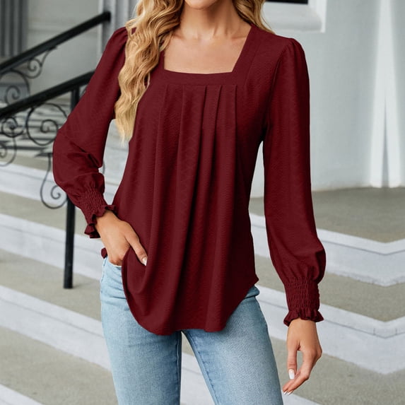 Leesechin Women's Fashion Deep Square - Neck Solid Button Long Sleeve Blouse Shirt Top in