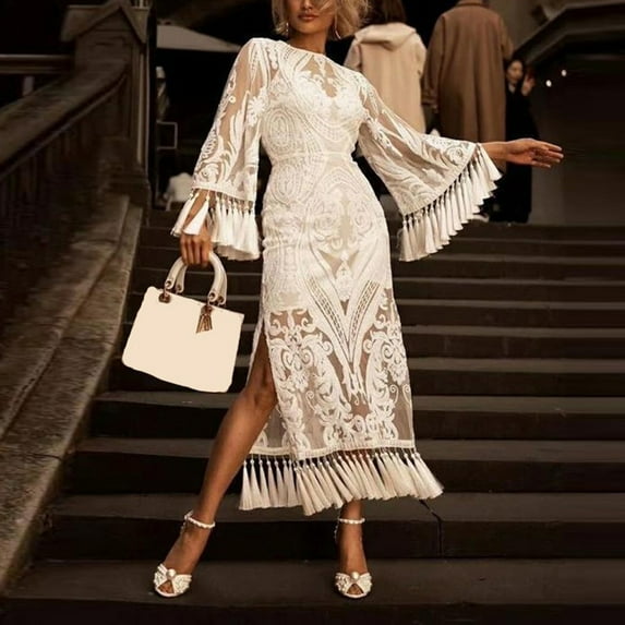 Leesechin Womens Plus Size Dresses Ladies Lace Embroidered Fringe Long Sleeve Dress Banquet Party Evening Dress