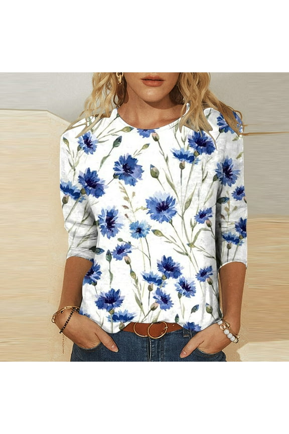 Leesechin Womens Shirts Fashion Printed Loose T-shirt 3/4 Sleeves Blouse Round Neck Casual Tops