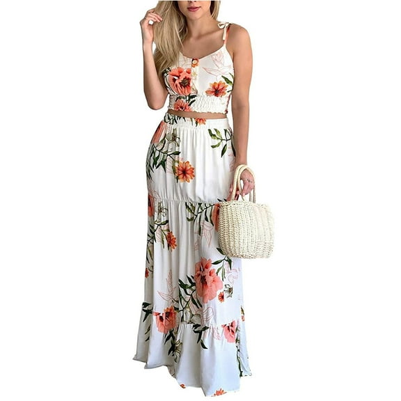 Leesechin Womens Skirts Summer Plus Size Print Casual Buttons SLeevless Camis  Dress Set