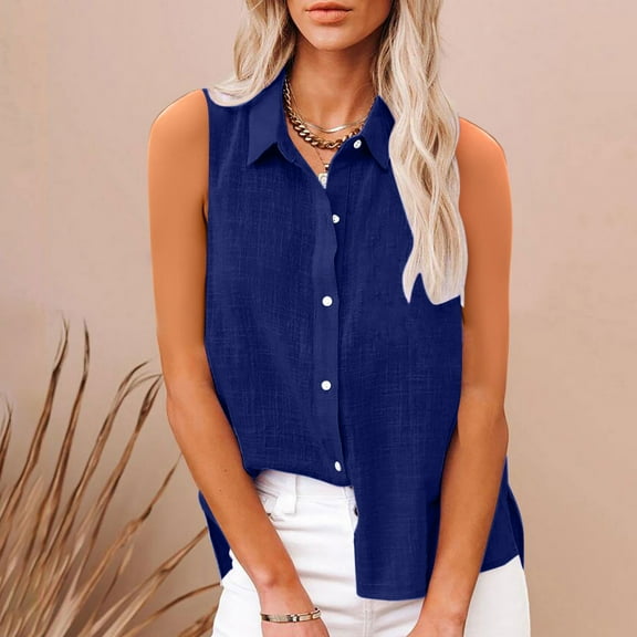 Leesechin Womens Sleeveless Button Down Shirts Cotton Linen Blouses Solid Color V Neck Casual Work Tank Tops