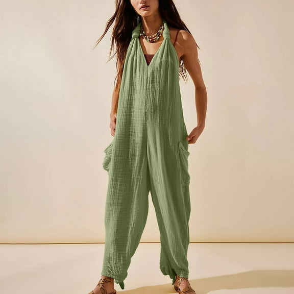 Leesechin Womens Summer Sleeveless Cotton Linen Overalls Baggy Adjustable Suspender Jumpsuit with Pockets