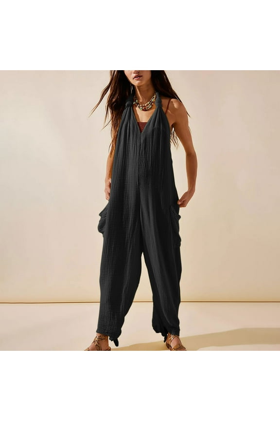 Leesechin Womens Summer Sleeveless Cotton Linen Overalls Baggy Adjustable Suspender Jumpsuit with Pockets