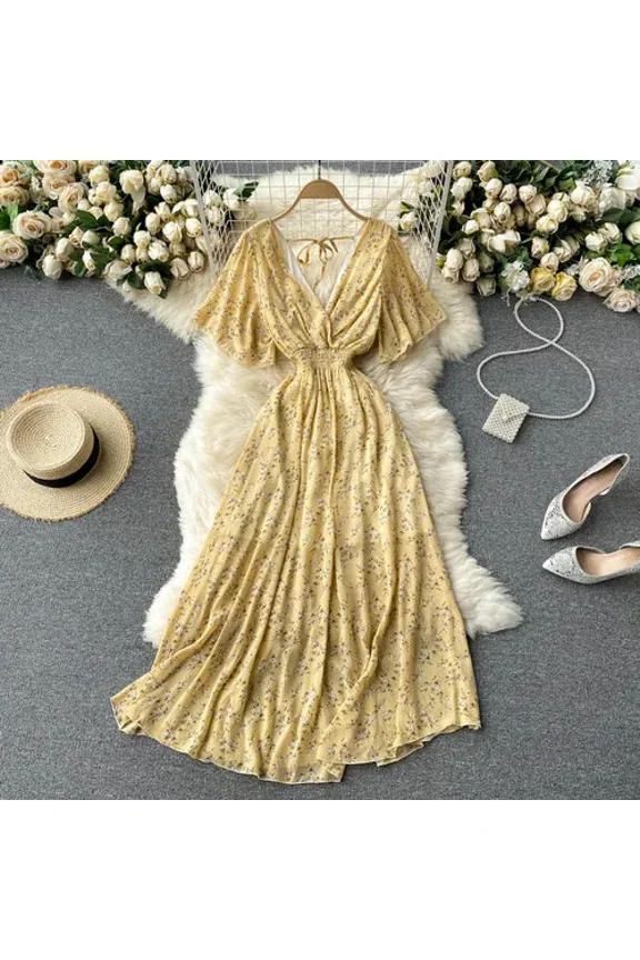 Retro Floral Print Ruffle Chiffon Elegant Midi Dress A-line V Neck Beach Vacation Dress Women Korean Fashion Summer Vestidos