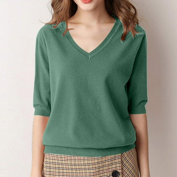 Leesechin Womens T Shirts V-Neck Half Sleeve Loose Fit Shirts Casual Solid Basic Tops