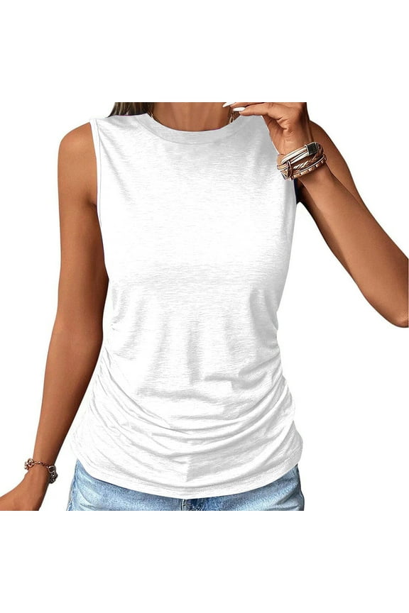 Leesechin Womens Tank Tops Summer Women Solid Color RoundNeck Pocket Sleeveless Casual Tee Tops Tank