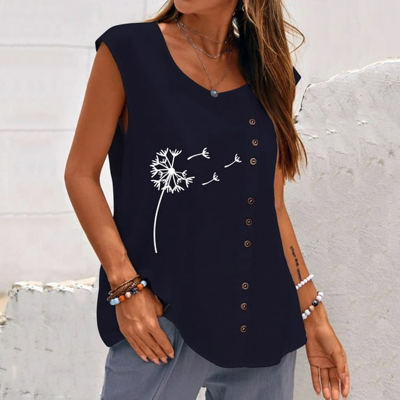 Leesechin Womens Tank Tops Women Summer Casual Sleeveless Button Vest Round Neck Loose Blouse Active Top Women