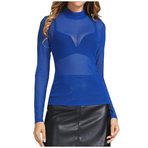 Leesechin Womens Tops Long Sleeve High Neck Arm Shaper Top Sheer Mesh Yoke Blouse Shirt