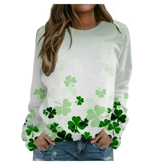 Leesechin Womens Tops Clearance St. Patrick's Day Printed Long Sleeve Blouse Round Neck Pullover Sweatershirt