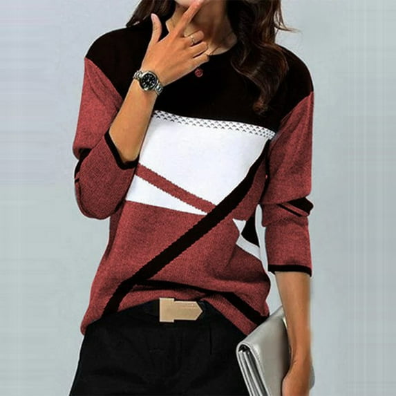 Leesechin Womens Tops Long Sleeve Deals Womens Fashion Plus Size O-Neck Stitching Contrast Color Long Sleeve T-shirt Blouse in Clearance
