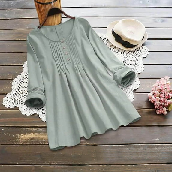 Leesechin Womens Tops Long Sleeve Womens Fashion Solid Color Button T-shirt Long Sleeves Blouse Round Neck Plus Size Tops