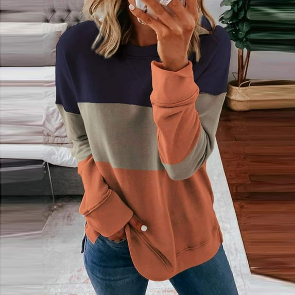 Leesechin Womens Tops Long Sleeve Womens Shirts Graphic Plus Size Long Sleeve Print Color Matching T Shirt Slim Top