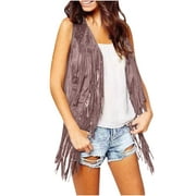 Leesechin Womens Tops, Winter Clearance Fashion Suede Ethnic Sleeveless Tassels Fringed Vest Cardigan