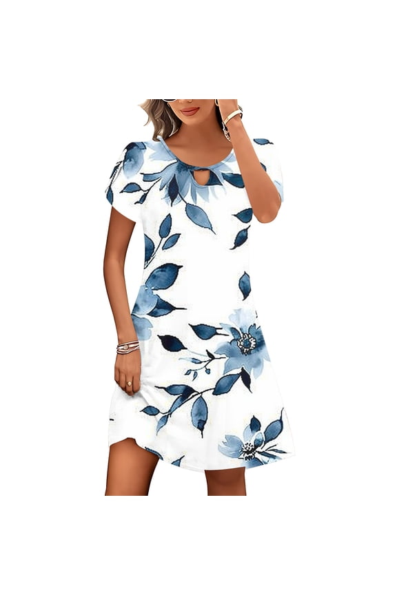 Leesechin Womens UPF 50+ Short Sleeve T Shirt Dress V Neck Summer Floral Dresses Tie Waist Casual with Pockets