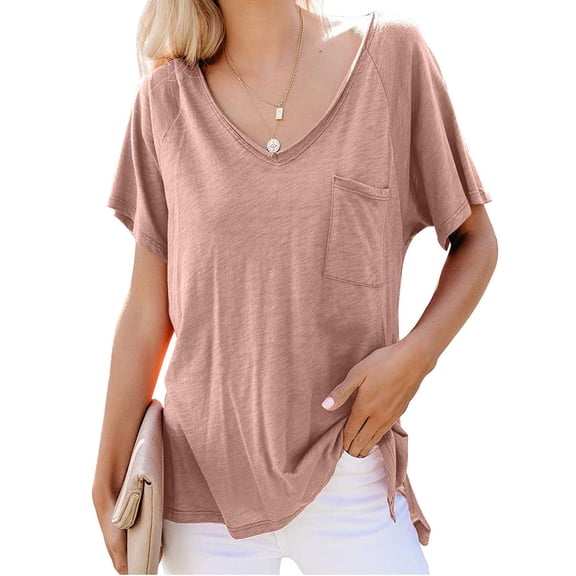 Leesechin Womens V Neck Tshirts Short Sleeve Loose Casual Summer Tops with Pocket