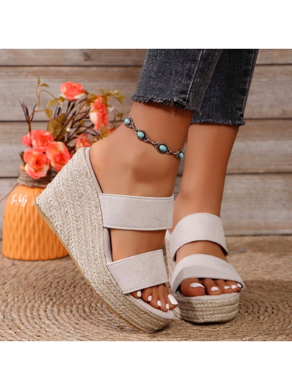 Leesechin Womens Wedge Platform Sandals Espadrilles Two Strap Woven Slip On Summer Cute Slide Sandals