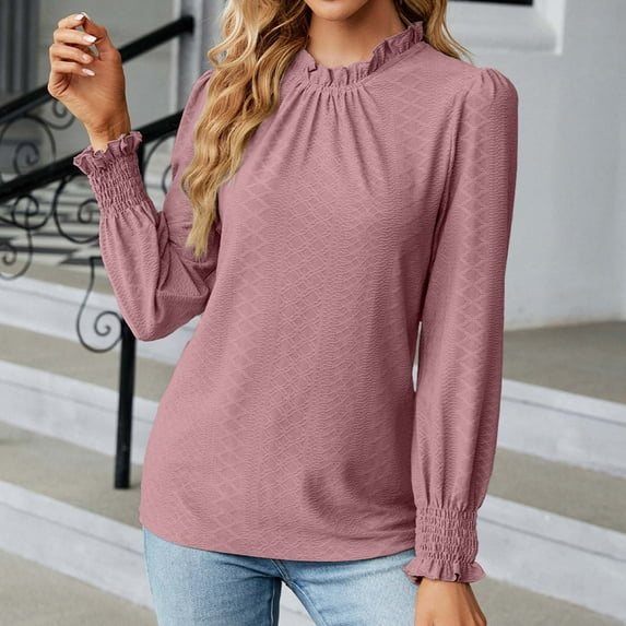 Leesechin Young Womens Shirts Fashion Deep Round- Neck Solid Button Long Sleeve Juniors T Shirts Top in