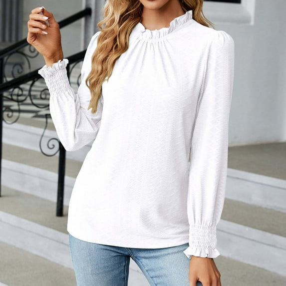Leesechin Young Womens Shirts Fashion Deep Round- Neck Solid Button Long Sleeve Juniors T Shirts Top in