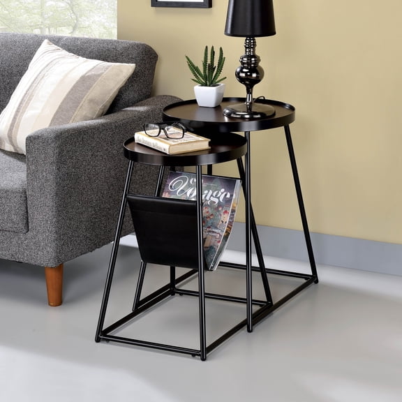 Leestra Metal 2-Piece Nesting Table Set, Walnut and Matte Black