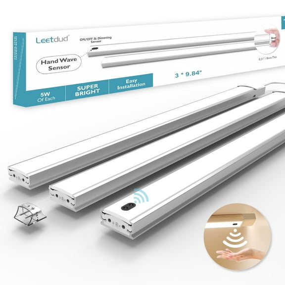 Leetdud Under Cabinet Lighting Plug In Hand Wave ON/OFF Motion Activated Sensor-10 in 4000K Dimmable LED 3PCS, Bright, Ultra Thin Under Counter Light for Kitchen