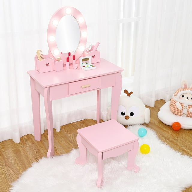 Leeten Kids Vanity Table Chair Set with Light,Wood Makeup Playset Toy and Mirror & Drawer,Makeup Dressing Table Pink for Age 4 - 9