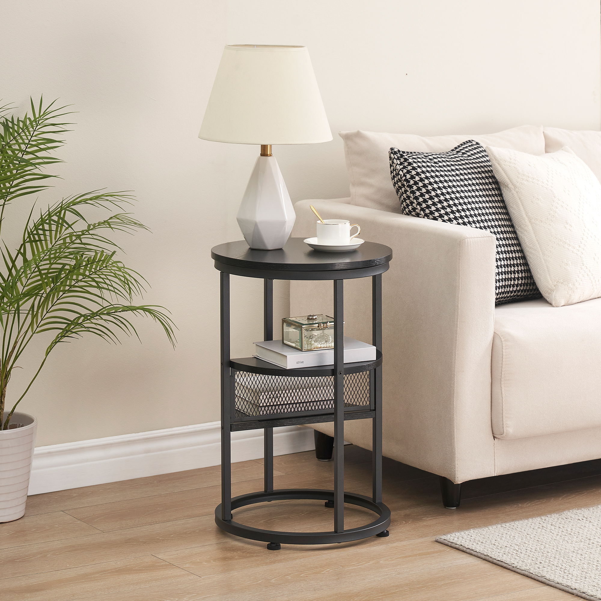 Leeten Round Sofa Side Table, 3 Tiers Small Coffee Table with Metal Frame, Industrial End Table
