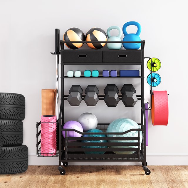 Leeten Yoga Equipment Organizer Rack with Wheels, Dumbbell Storage