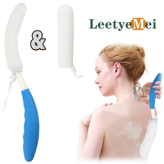 Leetye Mei Anti-slip Long Handle Shower Brush with Soft & Stiff Shower sponges Body Exfoliator for Bath/Dry Brushing Non-Mold Plastic Handle with 2 Brush Heads