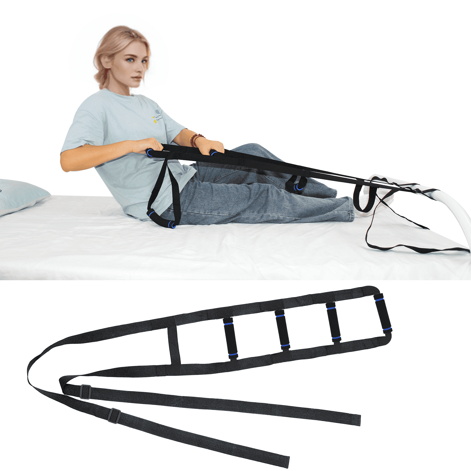Leetye Mei Bedside Assistance Bed Ladder with 4 Foam Handle Grips, Medical Strap for Adult, Senior, Patient